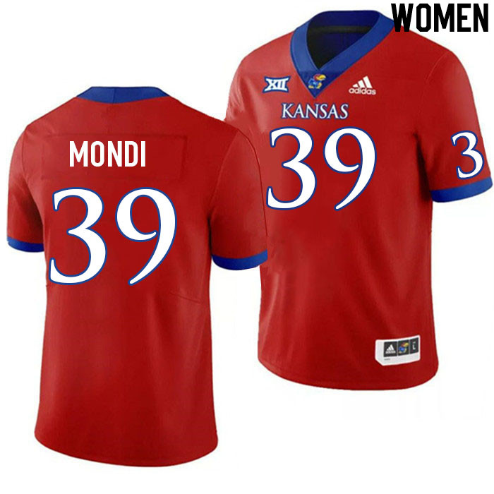 Women #39 Cole Mondi Kansas Jayhawks College Football Jerseys Stitched Sale-Red